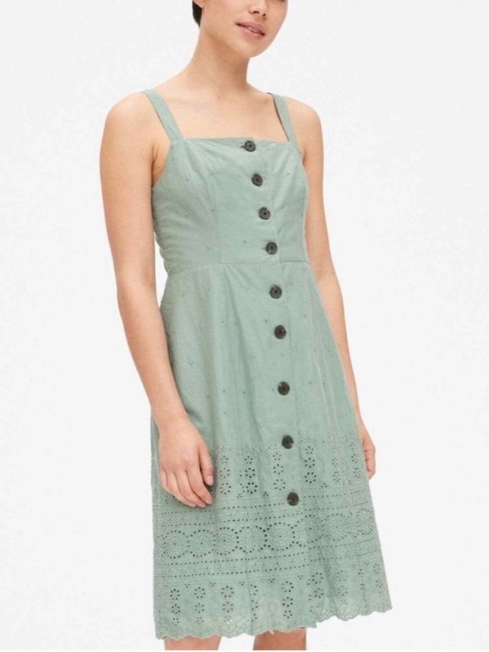 NWT Gap Eyelet Embroidered Midi Dress Button Front Sage Green Women’s Size 00